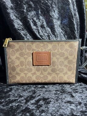 Coach Brown Signature Canvas Zip Pouch with Black Trim C6337